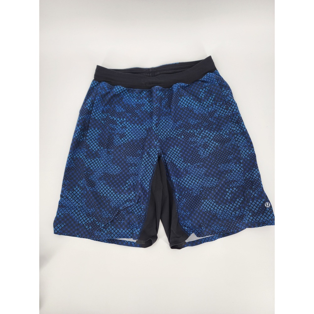 Lululemon Mens Blue Black Geometric Mosaic Athletic Training ShortsZipper Pocket